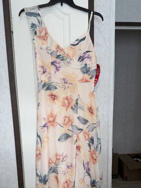 Crystal Doll Floral Chiffon Maxi Dress Ruffle One Shoulder Slit Juniors 7 NWT